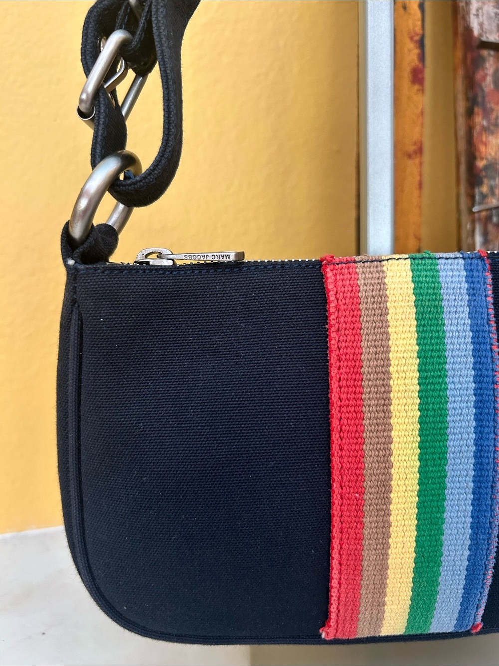 Marc Jacobs Black Canvas Rainbow Stripe Shoulder Bag Y2K Baguette Festivalstyle - Picture 6 of 13